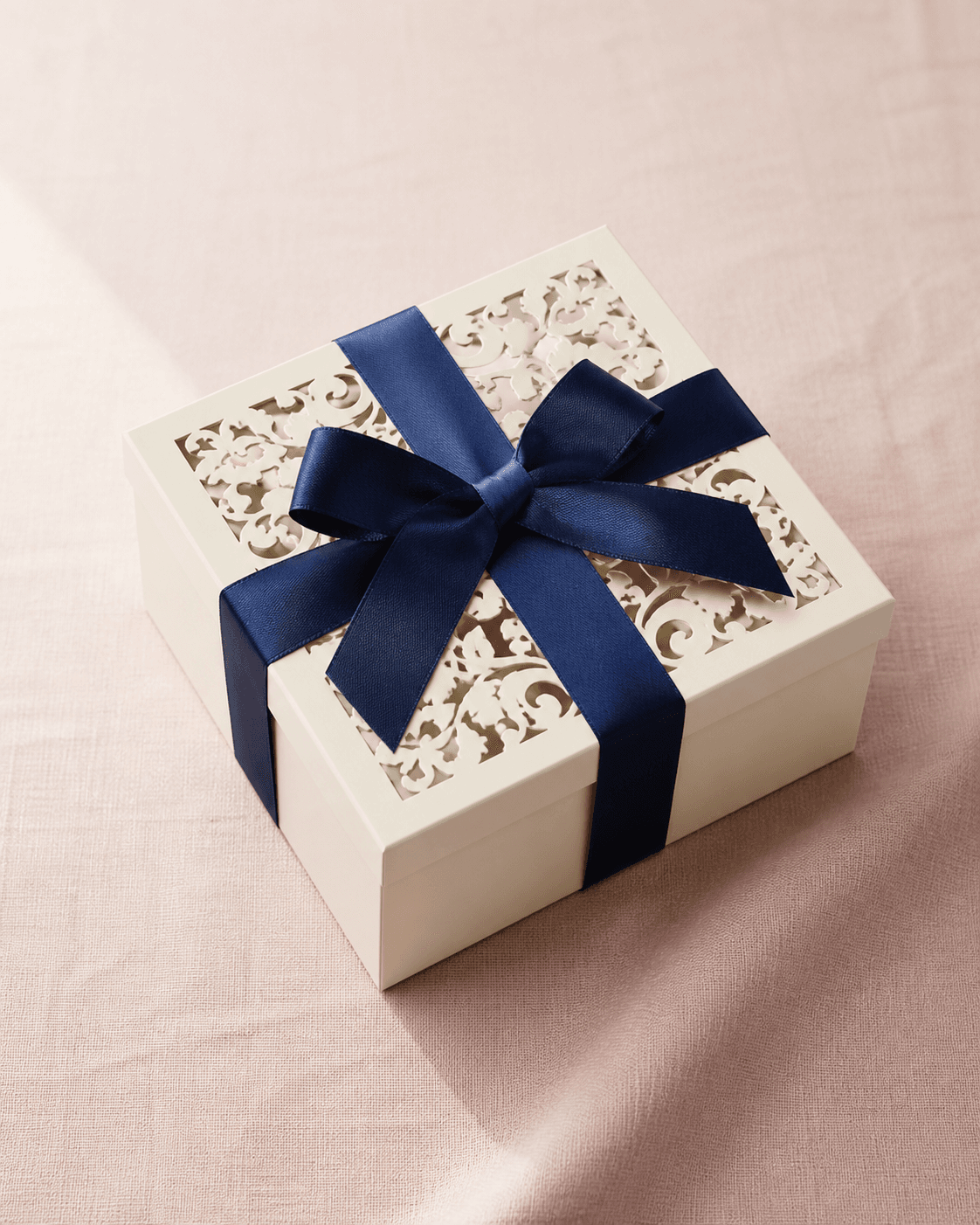 Laser cut rigid wedding invitation box with ribbon